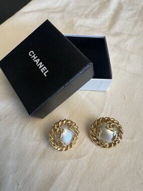 Authentic Chanel Gold With Pearl Earrings Large Clip On